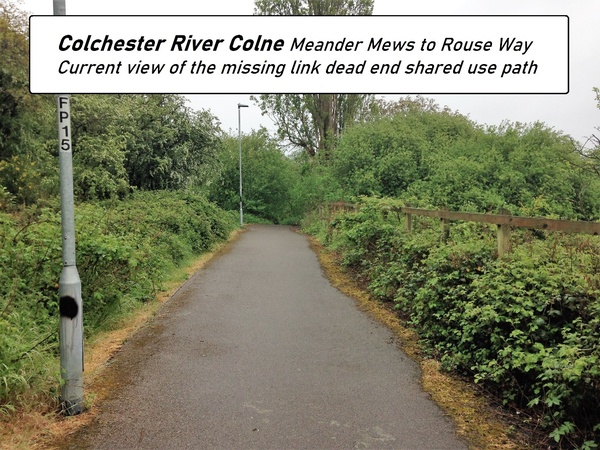 The photo for Meander Mews/Rouse Way shared path stumps.